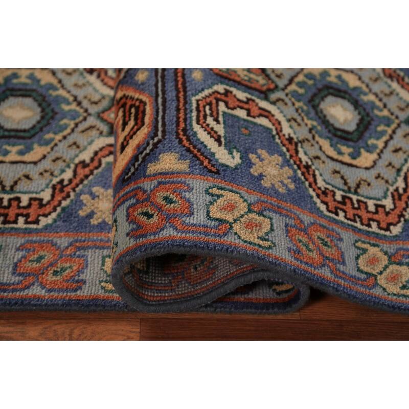 Geometric Kazak Indian Runner Rug Handmade Blue Wool Carpet - 2'6"x 9'10"