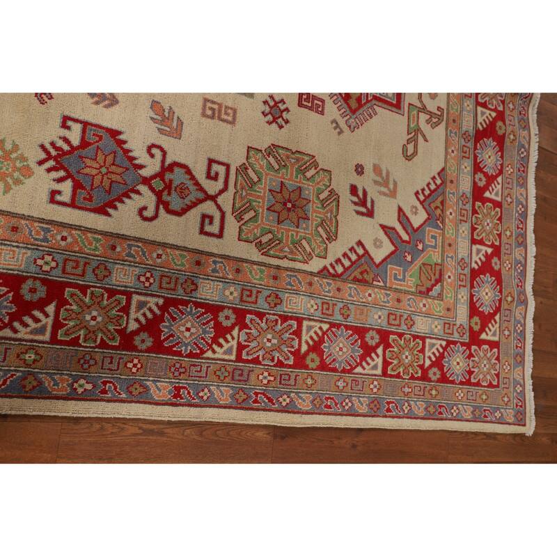 Oriental / Geometric Kazak Area Rug Hand-Knotted Wool Carpet - 6'6" x 9'8"