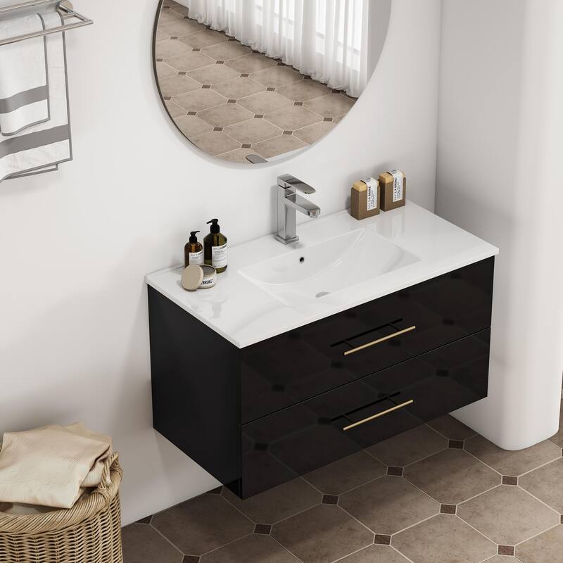 36-Inch Gloss Wall-Mounted Bathroom Vanity with Sink Combo,Double Drawers,Ceramic Sink, Long Gold Metal Handle