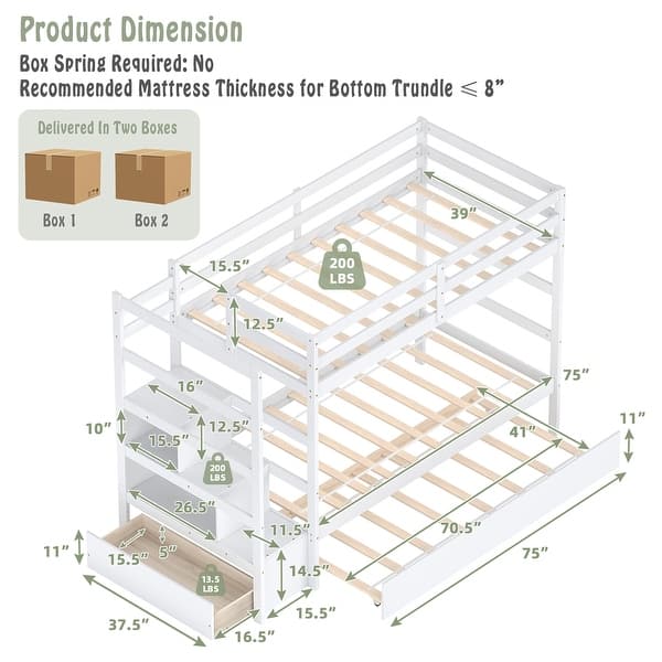 dimension image slide 2 of 3, Costway Twin Over Twin Bunk Bed with Trundle Stairway and Storage - 39'' x 75''