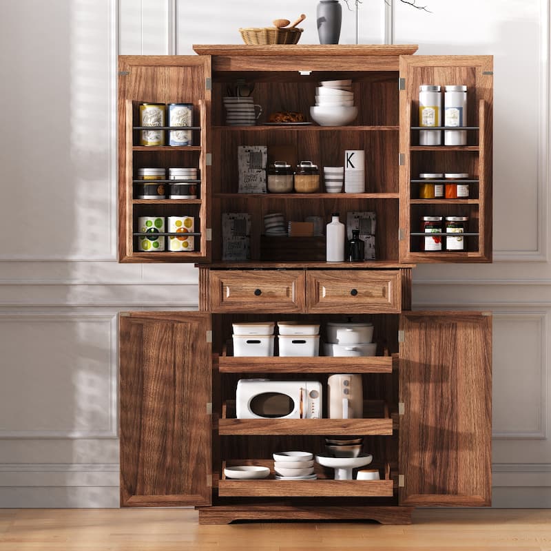 71"Tall Kitchen Pantry Cabinet with 3 Pull Out Cabinet Organizers,Cabinet with 6 Door Shelves,2 Drawers,Freestanding Cupboard