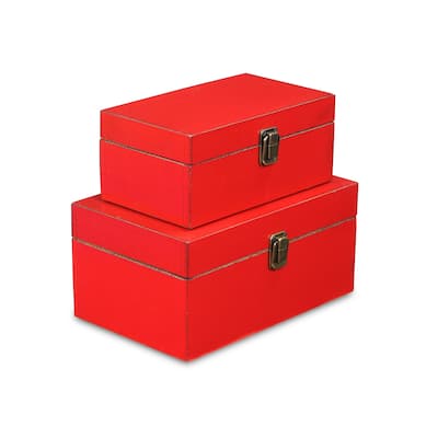 Set of 2 Red Rectangular Wooden Treasure Decorative Boxes 10.25"