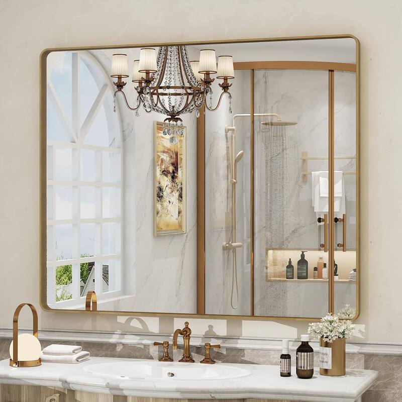 Aluminum Alloy Framed French Cleat Mounted Tempered Glass Wall Vanity Mirror - Gold - 40" x 36"