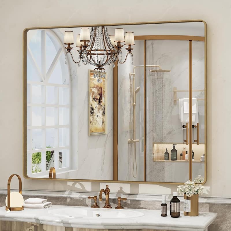 Aluminum alloy Framed Tempered Glass Wall Bathroom Vanity Mirror - 40" x 36" - Gold