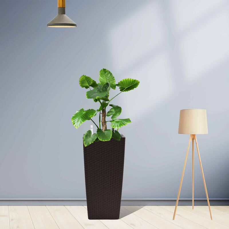 Square Planter Pack of 2, Faux Rattan Flower Pot with Automatic Watering System - Brown