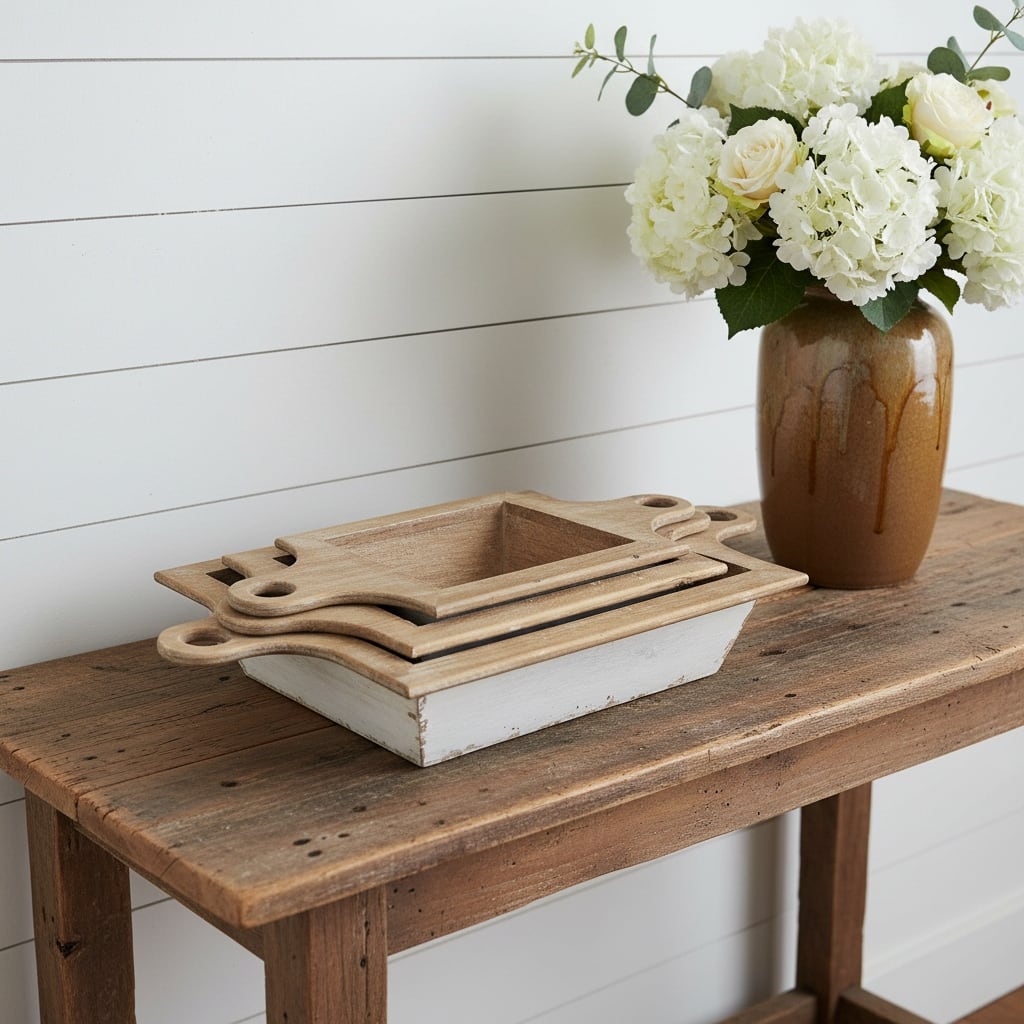 HomeRoots Set of Three Natural And White Solid Wood Centerpiece Bowl With Handles - 24.00 in. x 3.74 in. x 11.00 in.