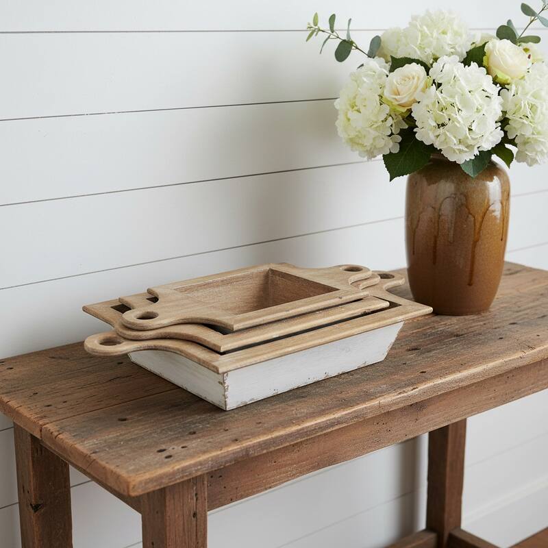 HomeRoots Set of Three Natural And White Solid Wood Centerpiece Bowl With Handles - 24.00 in. x 3.74 in. x 11.00 in. - White/Natural - 24.00 in. x 3.74 in. x 11.00 in. - 3 Piece