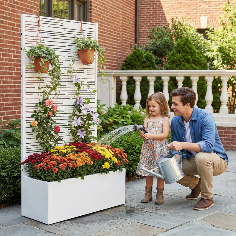 Metal Galvanized Planter Box with Trellis Privacy Screen Lockable Wheels
