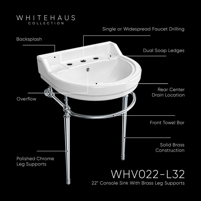 Whitehaus Console Sink With Semi-Circular Bowl, Metal Leg Supports and Front Towel Bar.