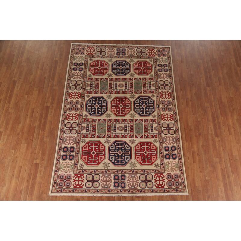 Hand Knotted Oriental 100% Wool Carpet Traditional Geometric Beige & Ivories Kazak Area Rug - 9' 7'' X 6' 7''