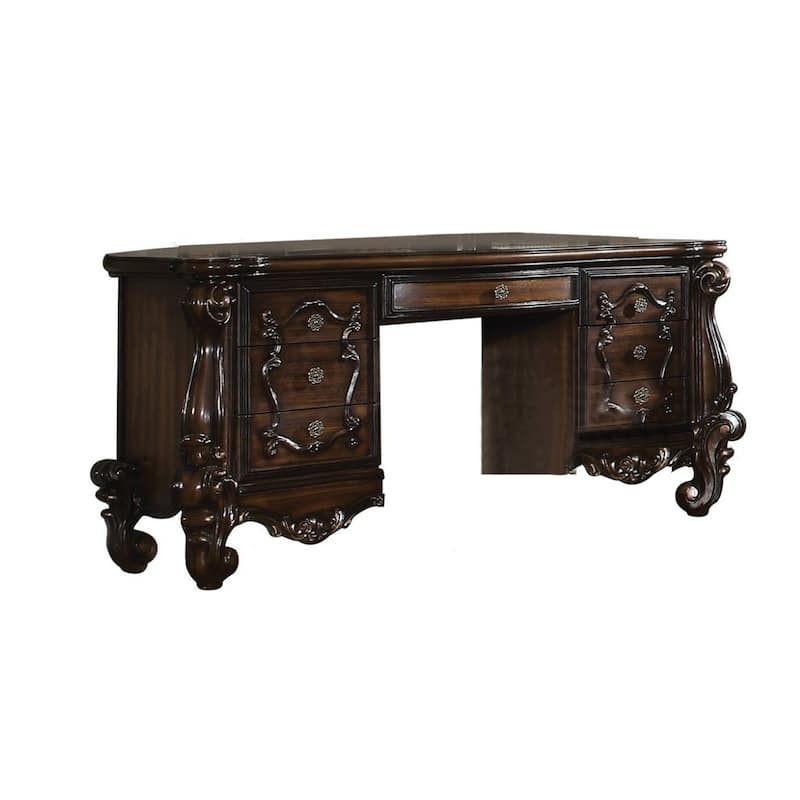 Wooden and Metal Vanity Desk with 7 Drawers In Cherry Oak
