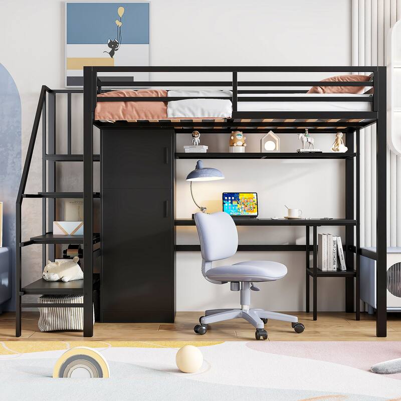 Full-Size Metal Loft Bed with Built-in Wardrobe, L-Shaped Desk, Charging Ports, and Multi-Layer Storage Shelves