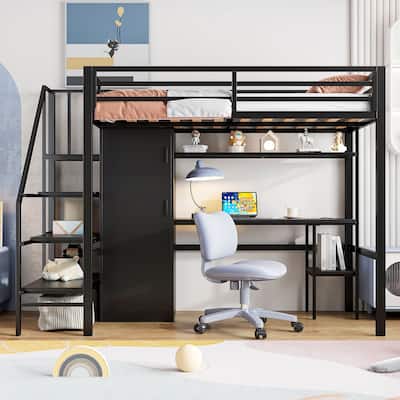 Twin Size Loft Bed with Storage Ladder, Metal Loft Bed Frame with Large Wardrobe & Desk for Teens Kids, No Box Spring Needed
