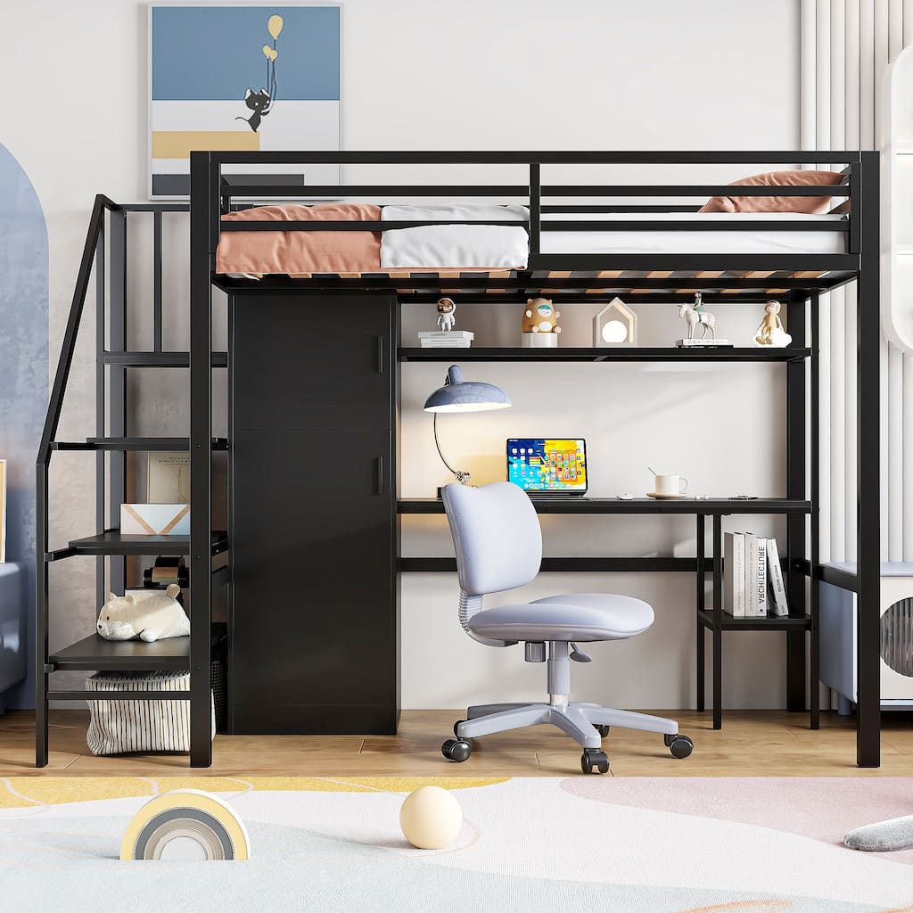 Twin Size Loft Bed with Storage Ladder, Metal Loft Bed Frame with Large Wardrobe & Desk for Teens Kids, No Box Spring Needed