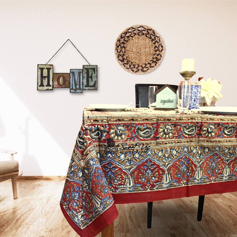 Block Print Floral Paisley Elephant Tablecloth Rectangle - 70 x 102 in. - Beige Red