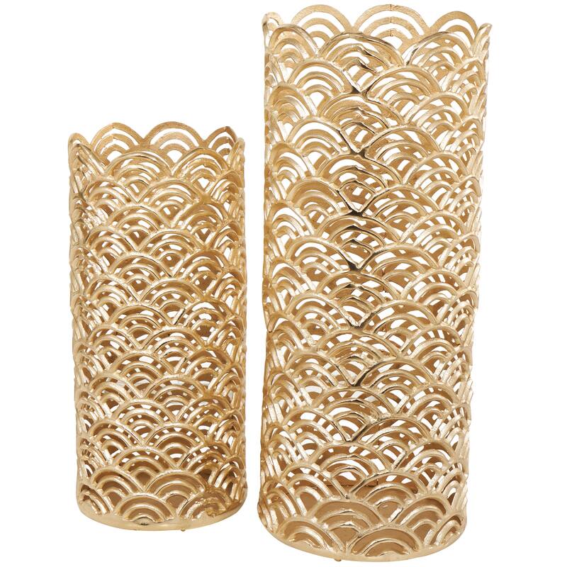Silver or Gold Aluminum Metal Art Deco Inspired Geometric Vase with Arch Designs (Set of 2)
