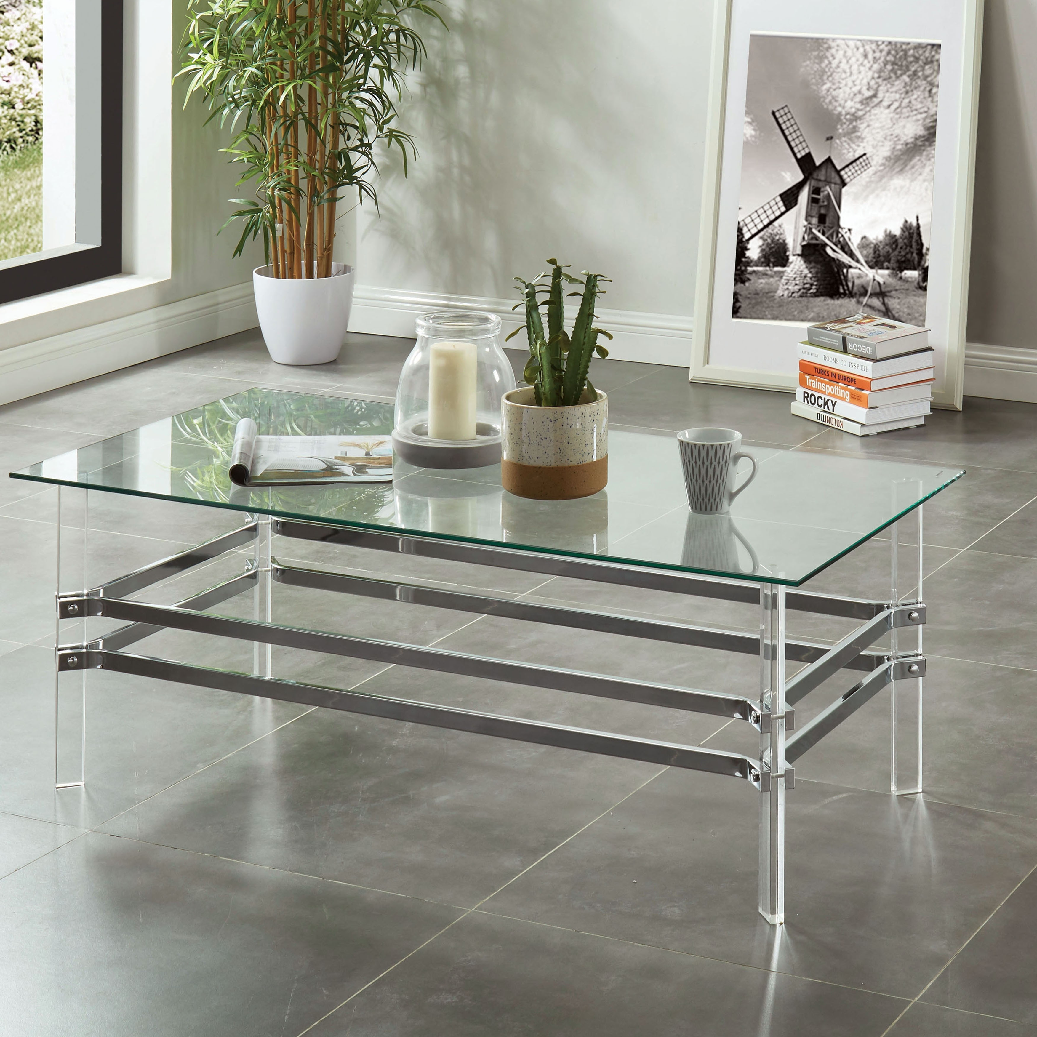 Thruston Contemporary Chrome 48 inch Glass Top Coffee Table by Furniture of America