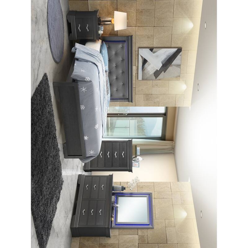 Metallic Upholstered Jewel Tufted Queen Panel Bed with LED Lights - 85" - Black
