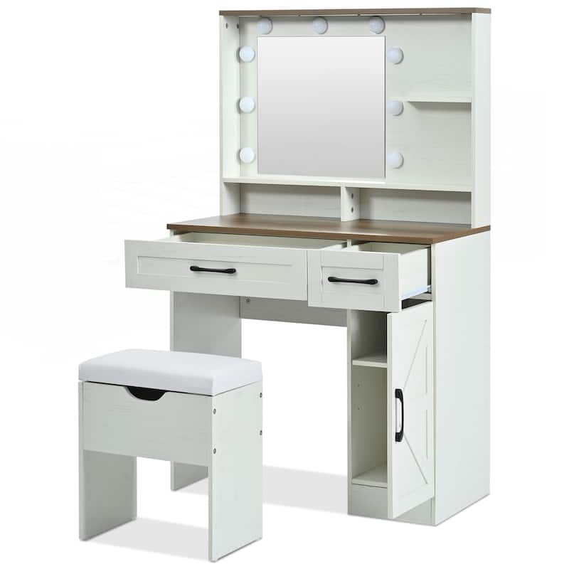 Farmhouse Makeup Vanity Desk with Mirror and Lights