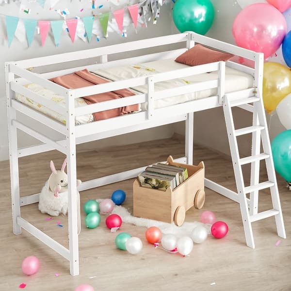 slide 2 of 11, Twin Size High Loft Bed with Inclined Ladder and Guardrails for home White