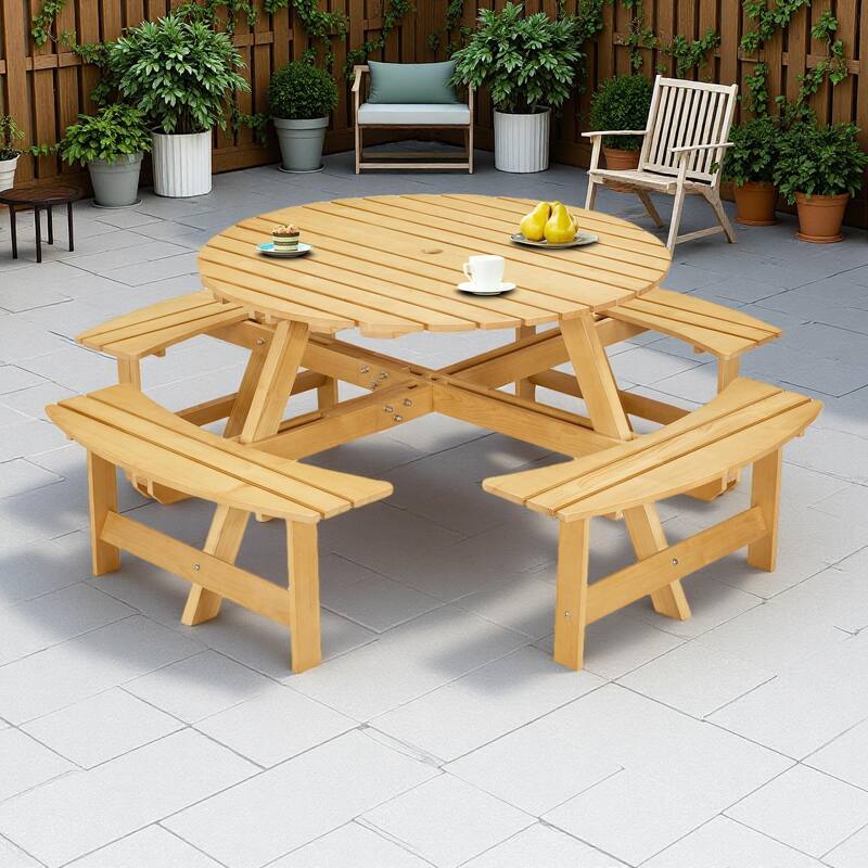 8-Person Outdoor Patio Pine Wood Round Picnic Dining Set with 4 Built-in Benches and Umbrella Hole - Natural