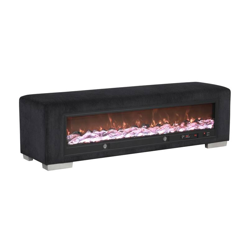 Furniture of America Goffney Chenille Bench with Fireplace Simulator and Bluetooth Audio