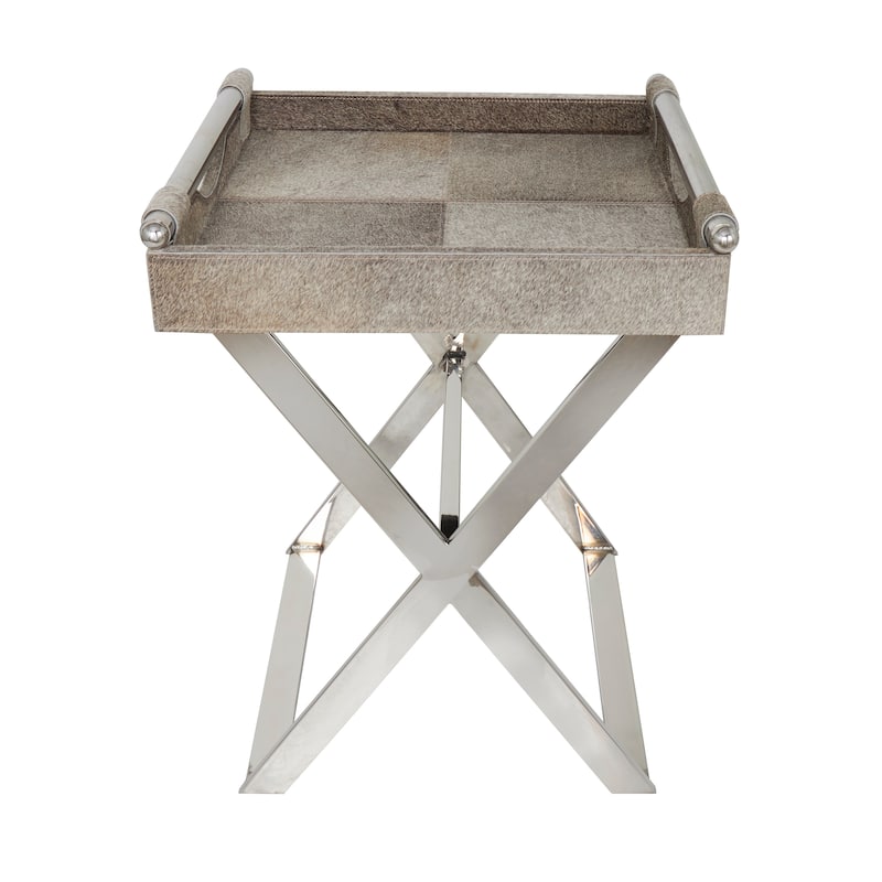 Gray Leather Tray Table Accent Table with Silver Legs and Handles