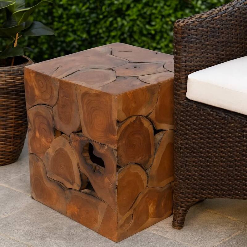 Anuv Square Side Table Stool with Grained Details, Brown Solid Teak Wood