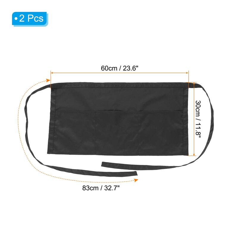 Waist Apron, 2 Pack Waitress Short Apron with 3 Pockets - 30 x 60cm - Black