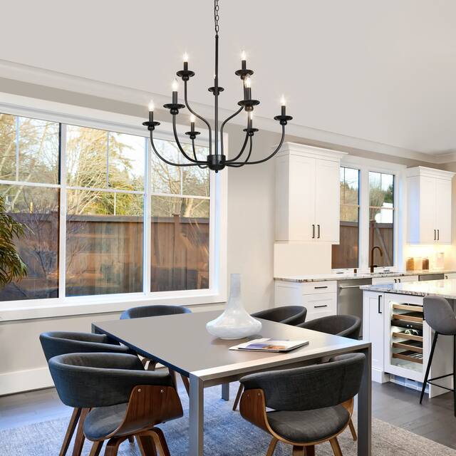 Farmhouse 9-Light 32 inch Black 2-tier Mid-Century Modern Candle Chandelier for Dining Room - D32"x H31"