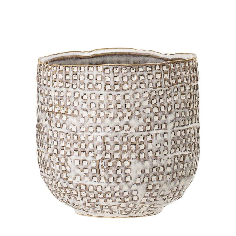 Distressed White Stoneware Planter with Woven Design - White