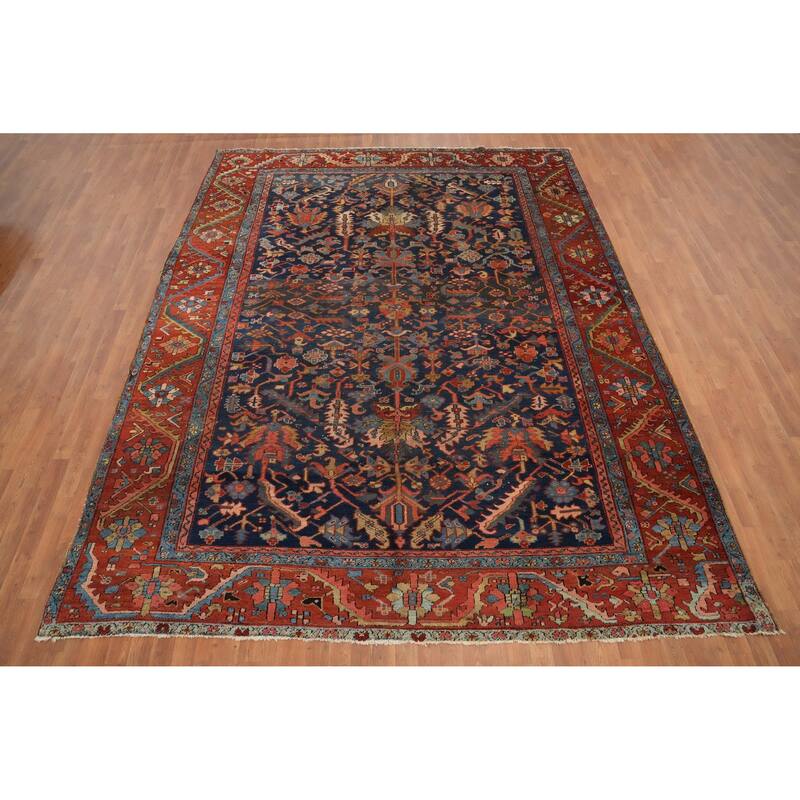 Hand Knotted Oriental 100% Wool Carpet Traditional Floral Navy Blue & Blues Heriz (serapi) Area Rug - 11' 8'' X 9' 4''