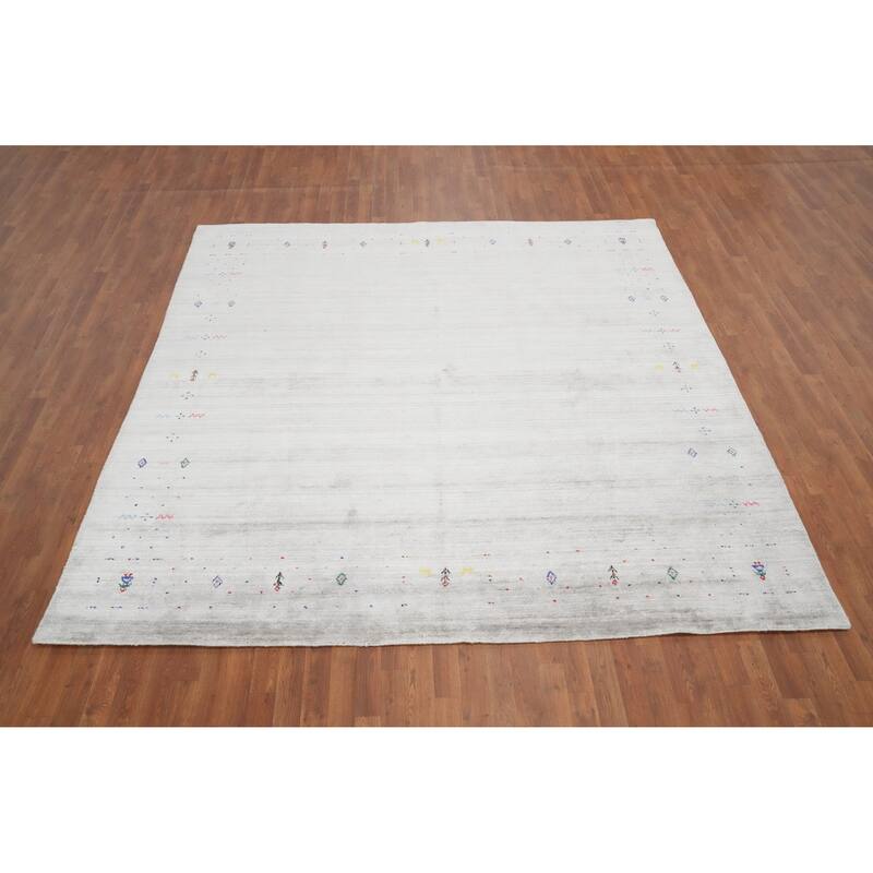 Hand Knotted Oriental Viscose Silk Carpet Tribal Animal Pictorial Greys & Charcoal Gabbeh Area Rug - 8' 9'' X 8' 10''