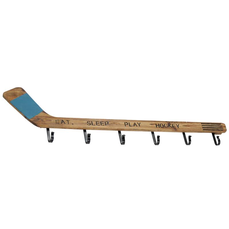 Wood Hockey Stick 6 Hangers Wall Hook - Brown - Roche River Decor - 2"W x 40"L x 11"H