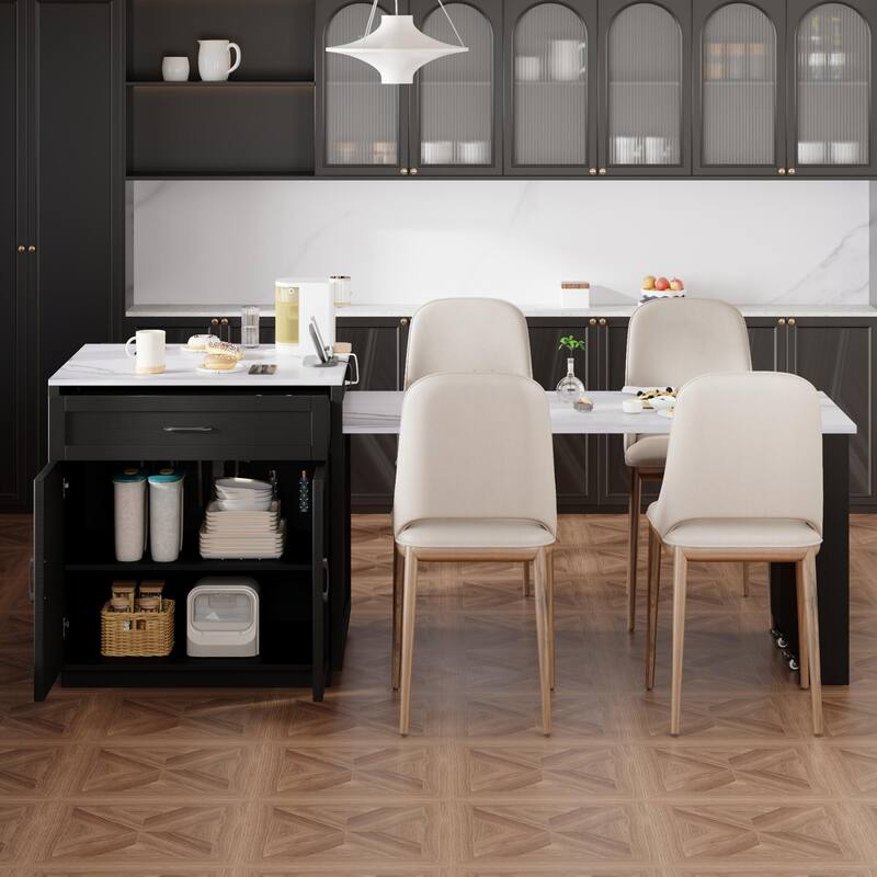 Rolling Kitchen Island w/Extendable Dining Table, Wooden Cupboard Spice Storage Cabinet w/Charging Station & 2 Side Open Shelves