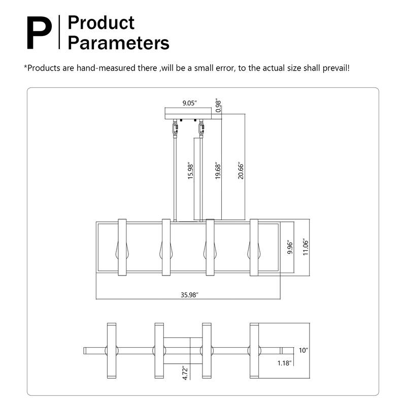 Farmhouse Rectangular Chandelier 4-Light Kitchen Island Lights Hanging Crystal Chandelier, for Dining Room and Living Room
