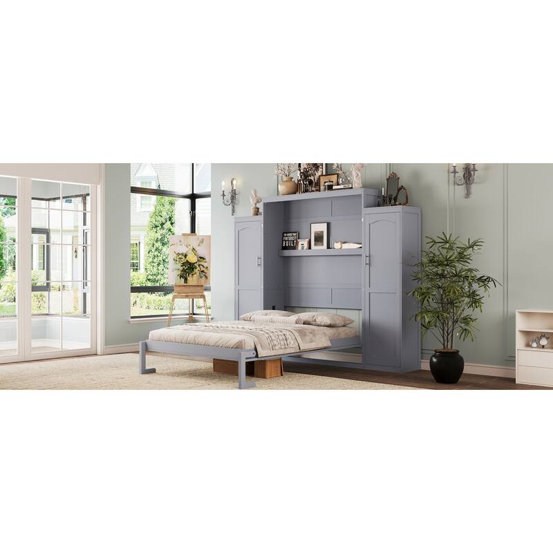 Queen Size Murphy Bed, Wooden Queen Wall Bed with 2 Wardrobe and Storage Shelf, Multifunctional Foldable Platform Bedframe