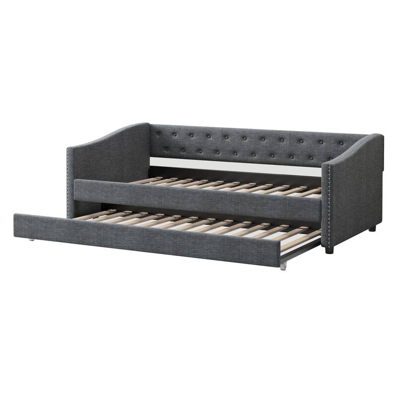 Upholstered Daybed with Pull Buttons, Trundle Bed, and Brass Nail Accents