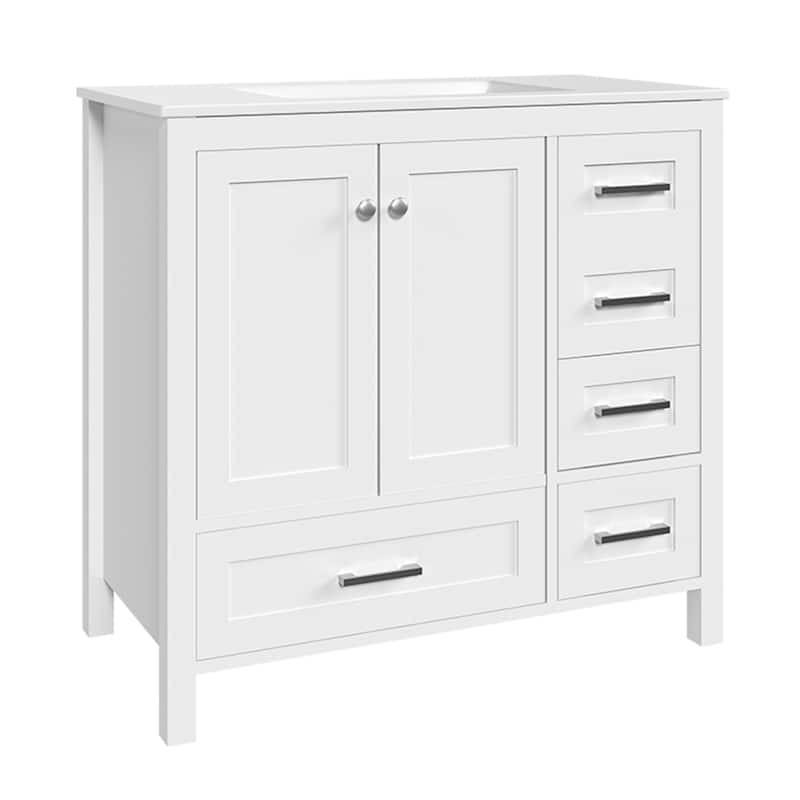 EROMMY All-in-One Bathroom Vanity with Ceramic Sink, Soft-Close Storage Cabinet & Drawer, Glossy Countertop, White