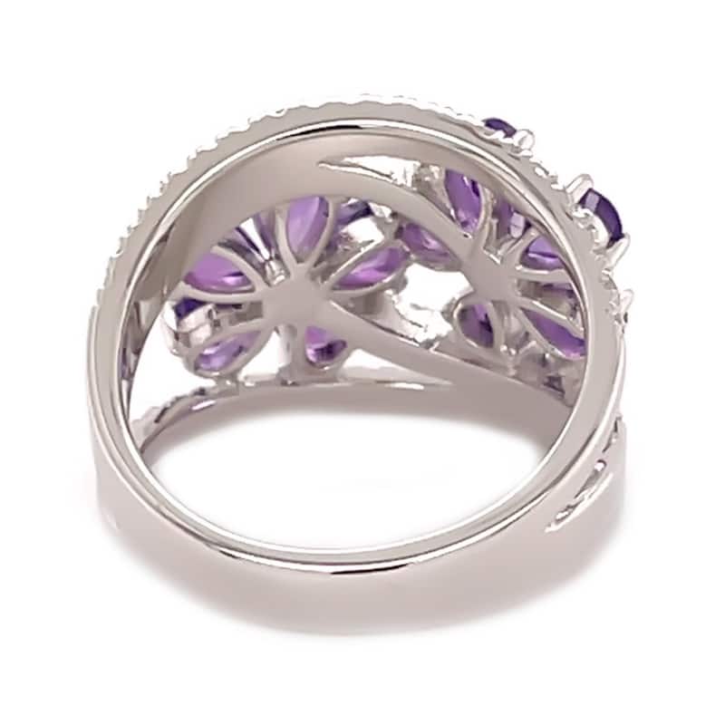 925 Sterling Silver African Amethyst and Created White Sapphire Gemstone Flower Ring