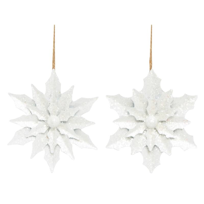 Transpac Metal 5.5 in. White Christmas Glitz Flower Ornament Set of 2