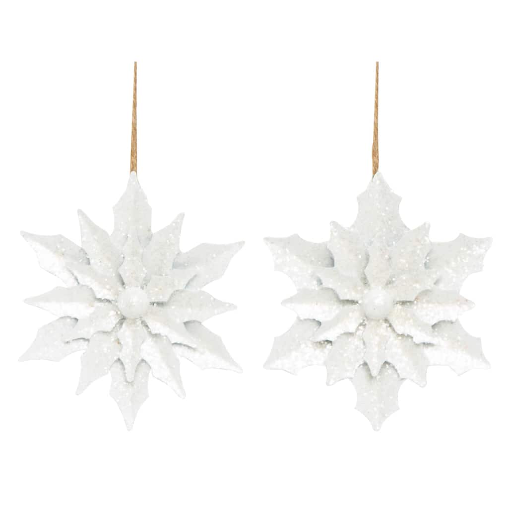 Transpac Metal 5.5 in. White Christmas Glitz Flower Ornament Set of 2