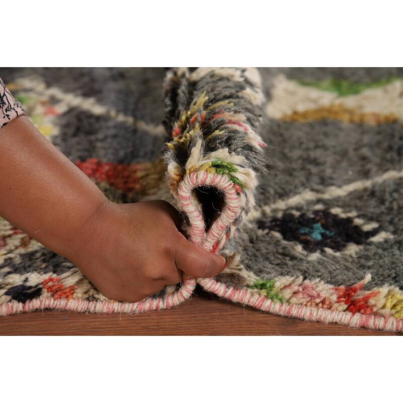 Hand Knotted Oriental 100% Wool Carpet Modern Tribal Greys & Charcoal Moroccan Area Rug - 6' 11'' X 4' 1''