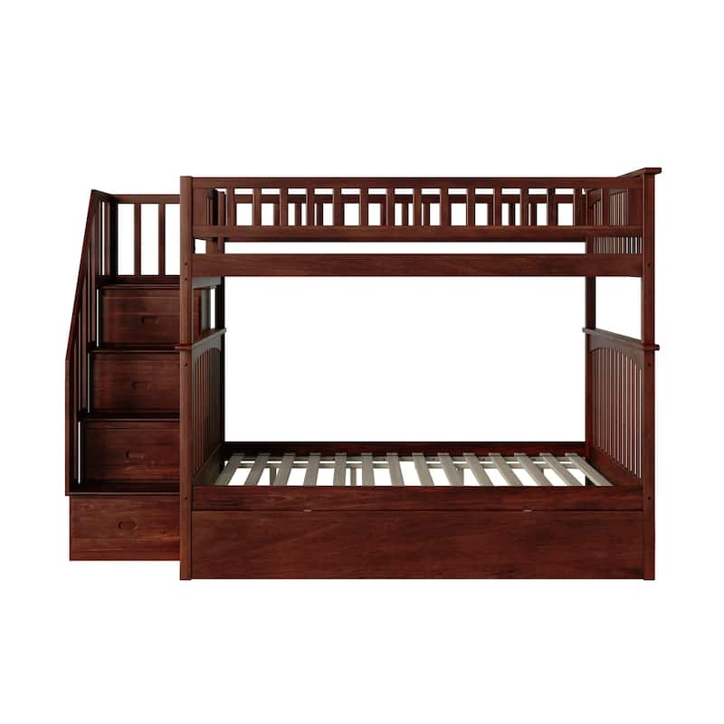 Columbia Staircase Bunk Bed Full over Full with Twin Trundle in Walnut