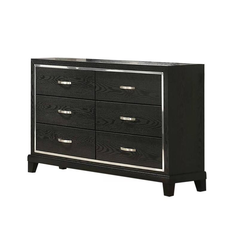 Lyla Wide Dresser, Silver Trim, 6 Drawer, Tapered Legs, Black Wood