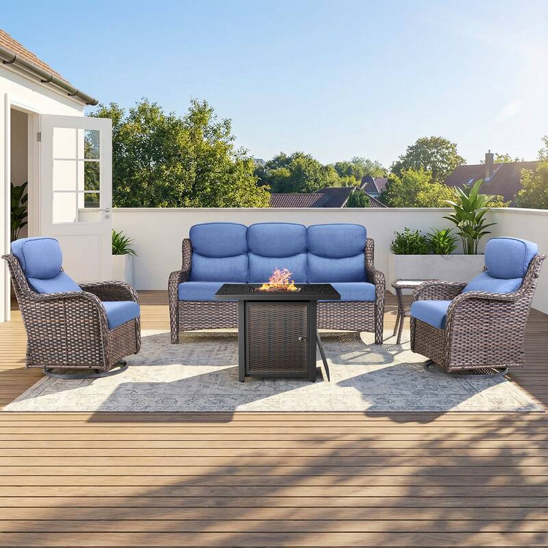 Pocassy 30 In Outdoor Propane Fire Pit Table Patio Sofa Chair Set. - Brown Wicker Blue Cushion - 5-Piece Sofa Swivel Chair Table w/ Fie Pit Table