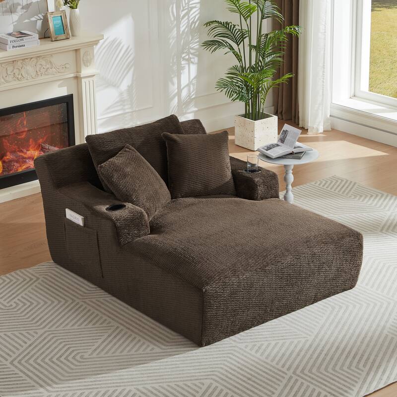 Comfy Sleeper Sofa Single Chaise Lounge w/ Cup Holders & Side Pockets - Dark Brown