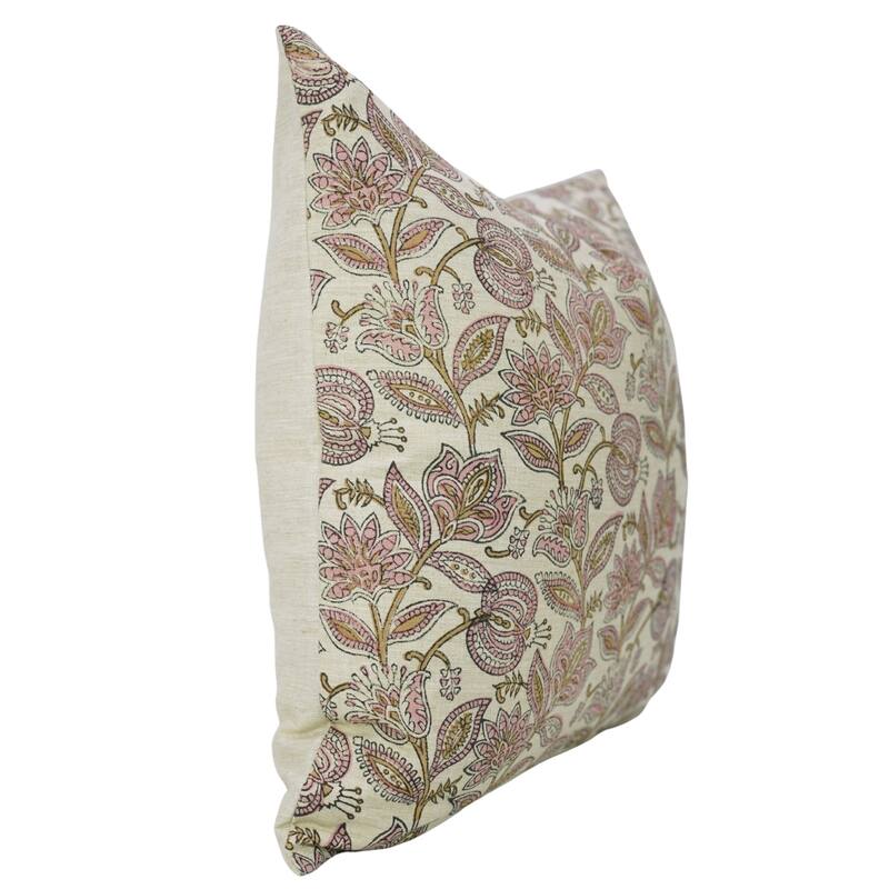 Fabdivine Linen Blend Handmade Block printed Floral Cushion Cover for Rustic Living or Bedroom 12x20 Inch, Custard Apple