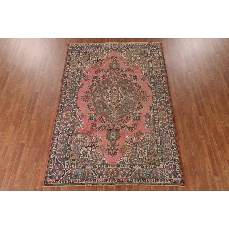 Pink Tabriz Persian Vintage Area Rug Handmade Wool Carpet - 6'8" x 9'10"