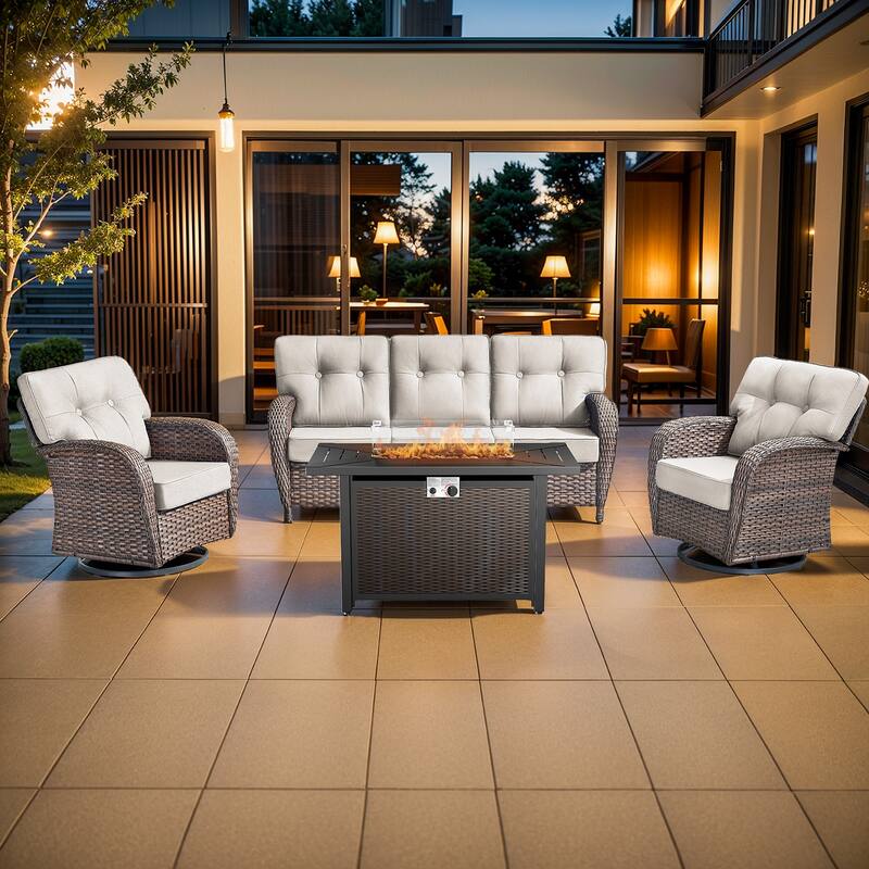 Pocassy Outdoor 43 In Fire Table with Sofa Patio Swivel Chair Set - Brown Wicker Beige Cushion - 6-Piece Sofa Swivel Chair with Fire Pit Table